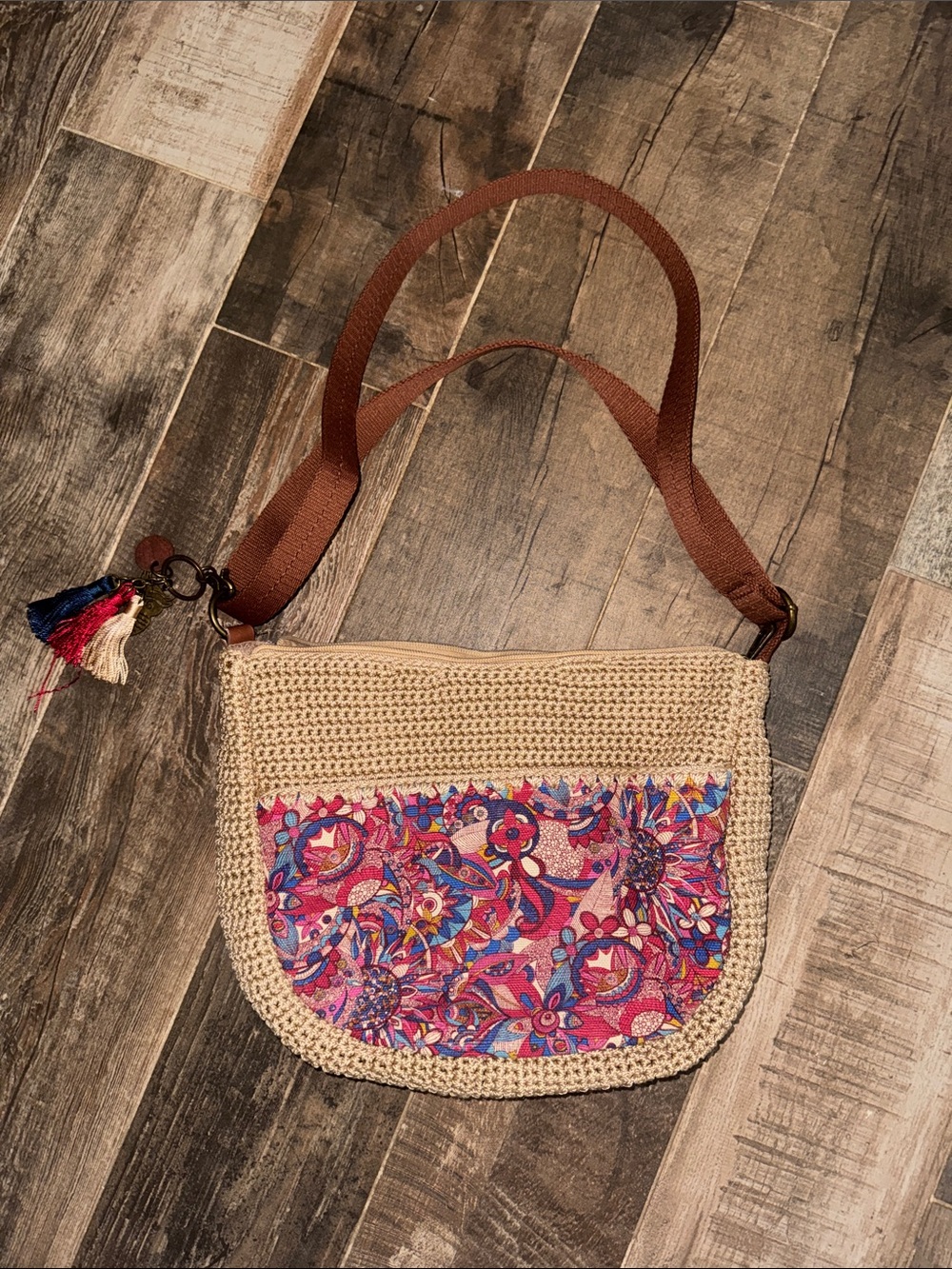 Sakroots Boho Crochet Shoulder Bag with Pink Floral Panel